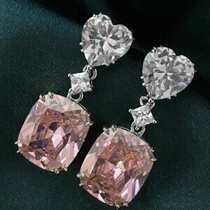 "Pink Radiant Cut Heart Diamond Zircon Drop Earrings for Women, INDN8620